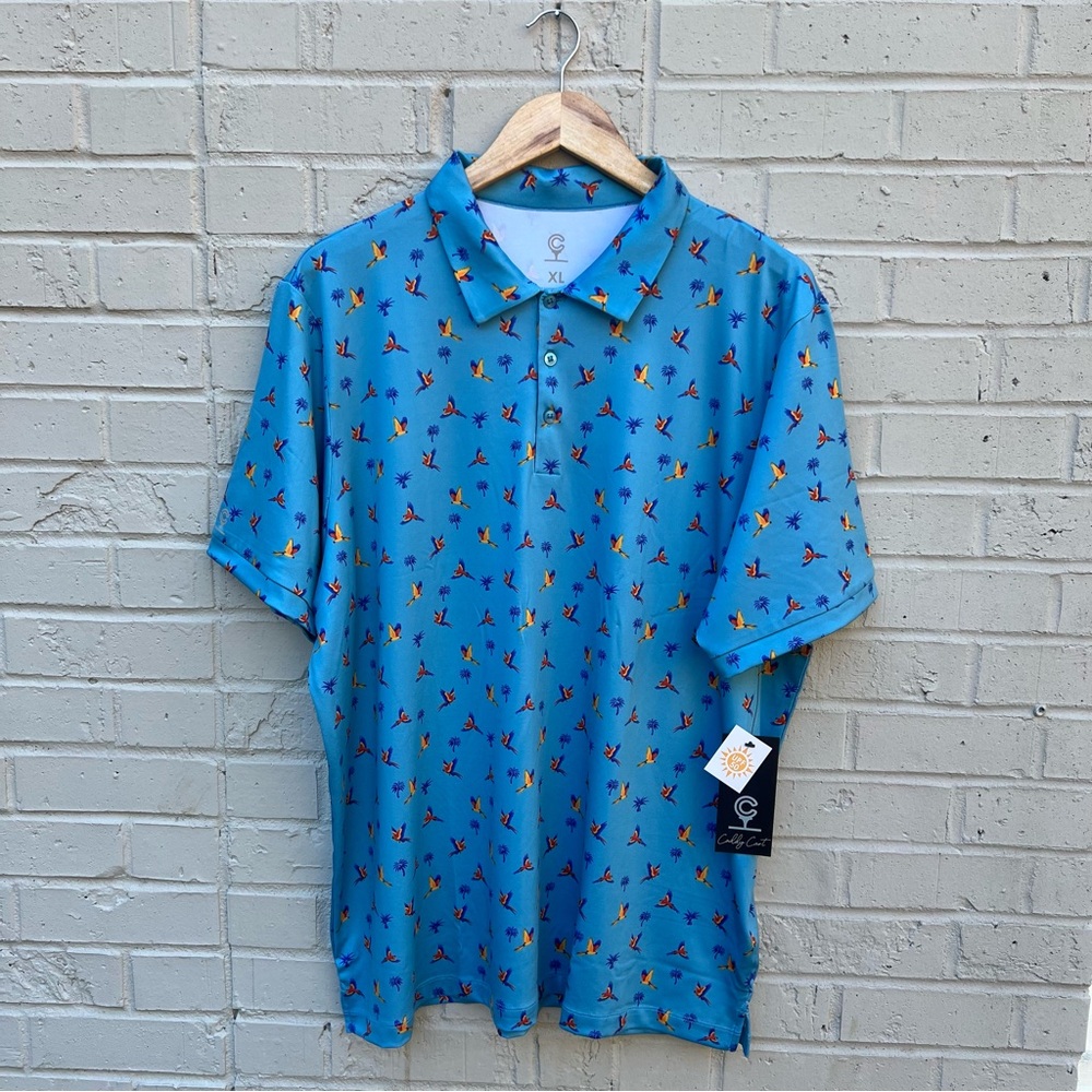 Caddy Cart Golf Men's Tropical Blue Patterned Polo Shirt